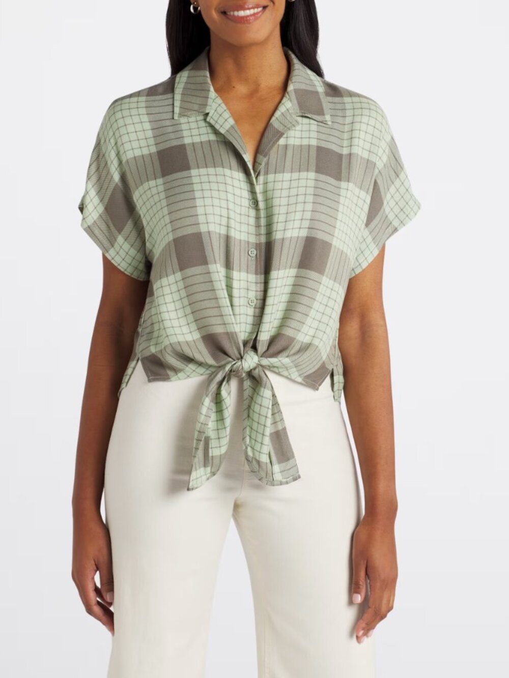Threads 4 Thought Green Gray Plaid Tie Front Button-Up Crop Top Medium